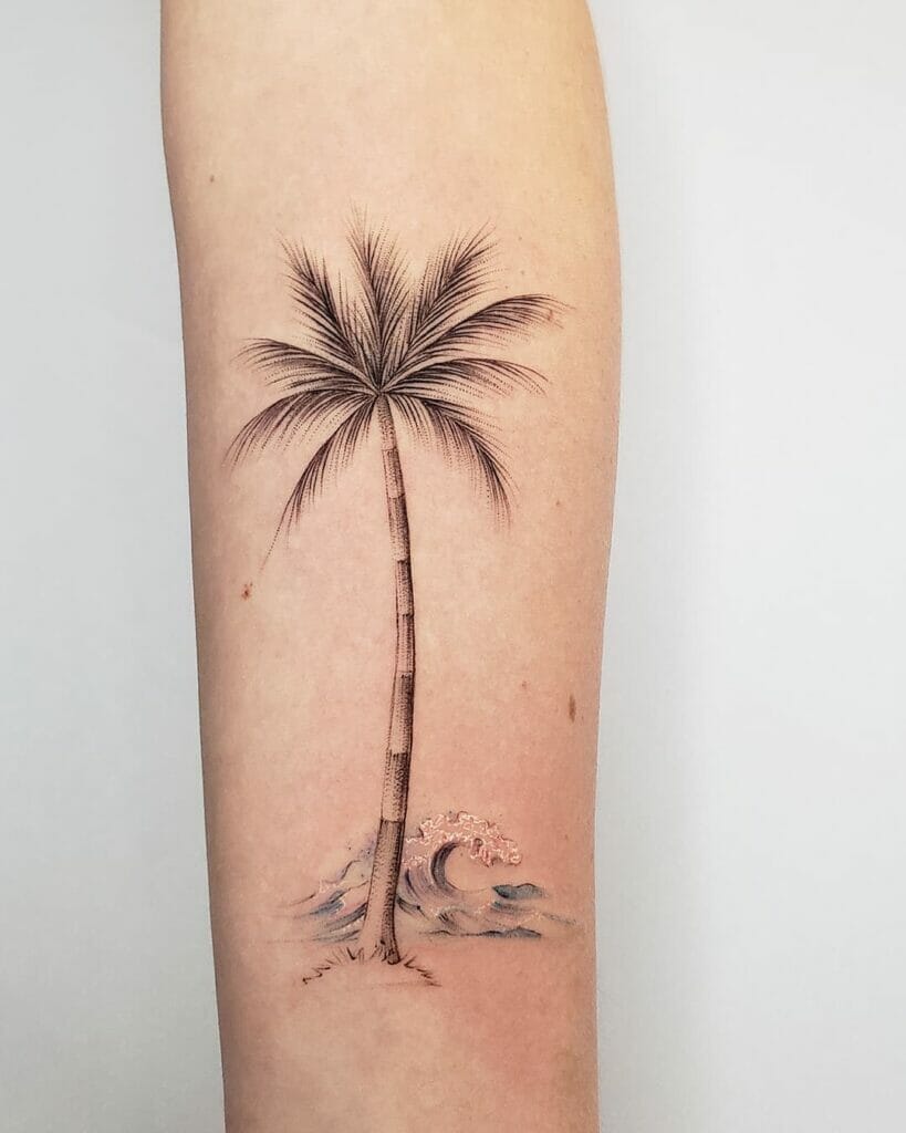Lone Palm Tree Tattoo With Sea Wave