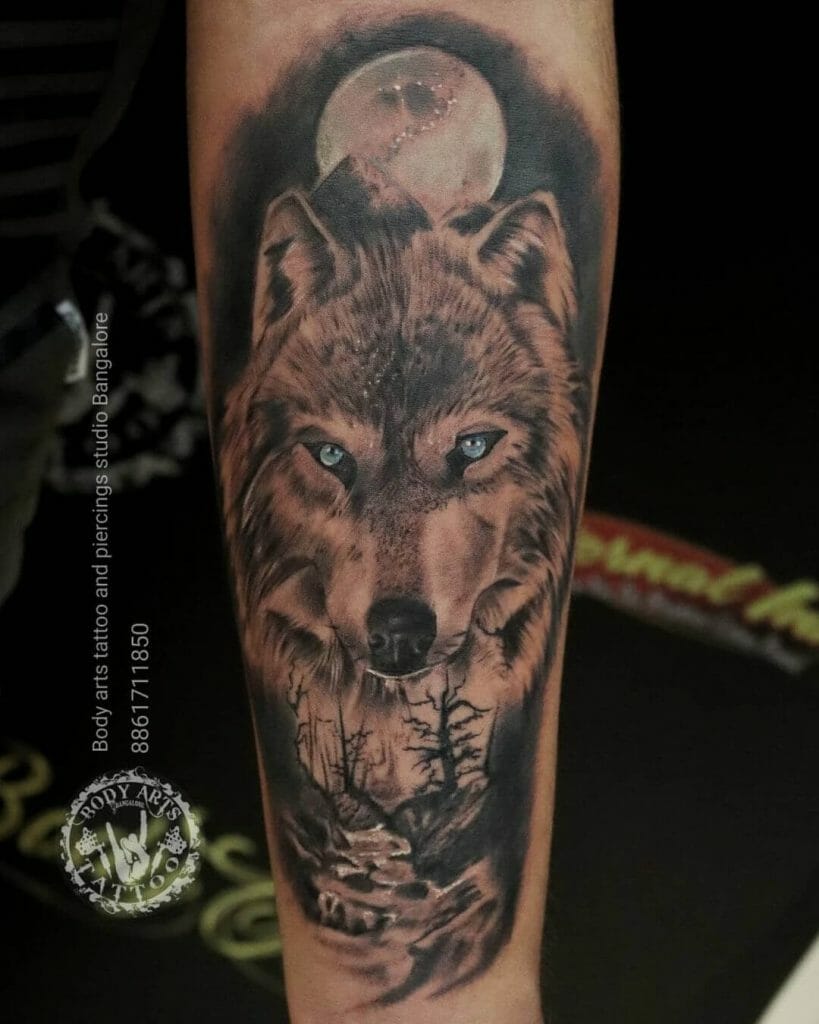 Lone Wolf And Moon Tattoo