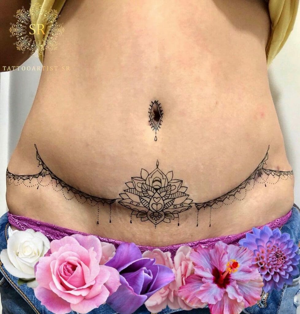 Lower Abdomen Geometric Stomach Tattoo