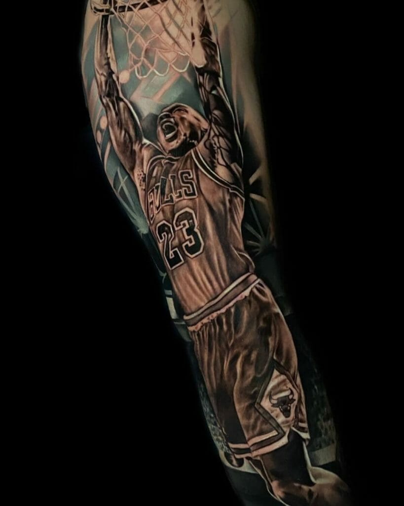 Michael Jordan Hanging On The Hoop Tattoo