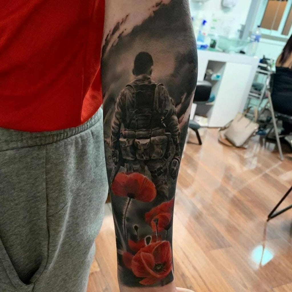 Military Soldier and Red Poppy Flower Army Tattoo