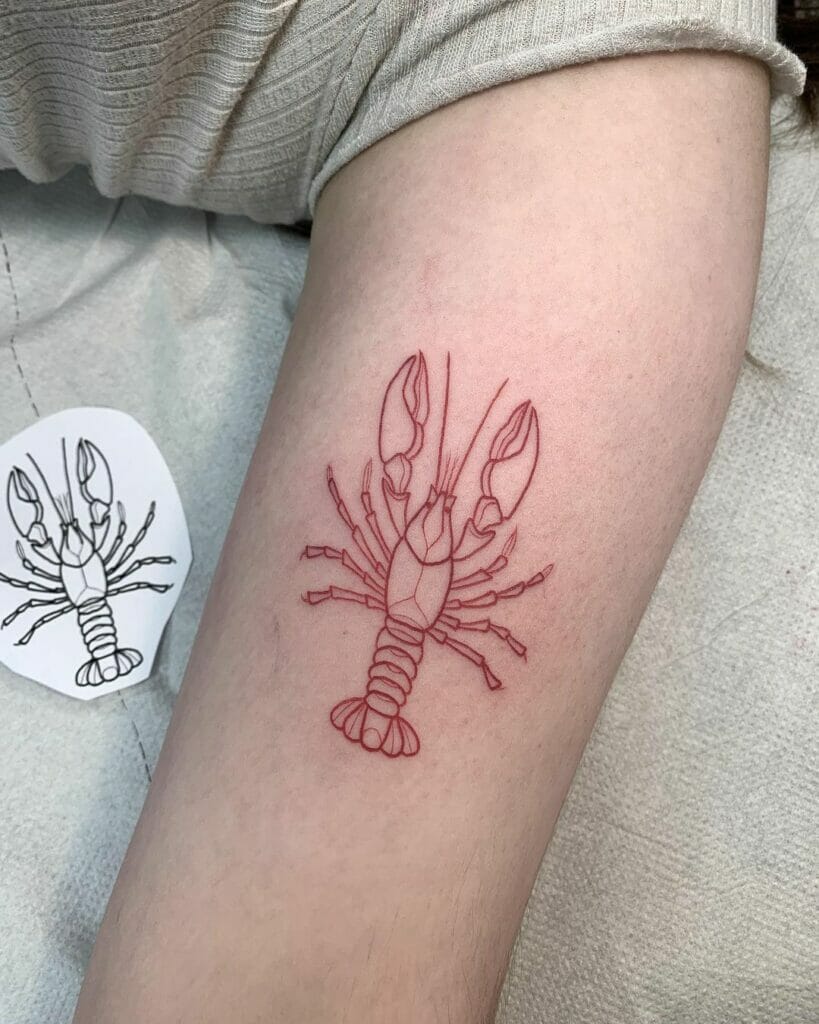 Minimalist Red Ink Lobster Tattoo