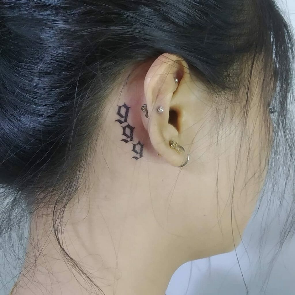 Minimalistic 999 Behind The Ear Tattoo