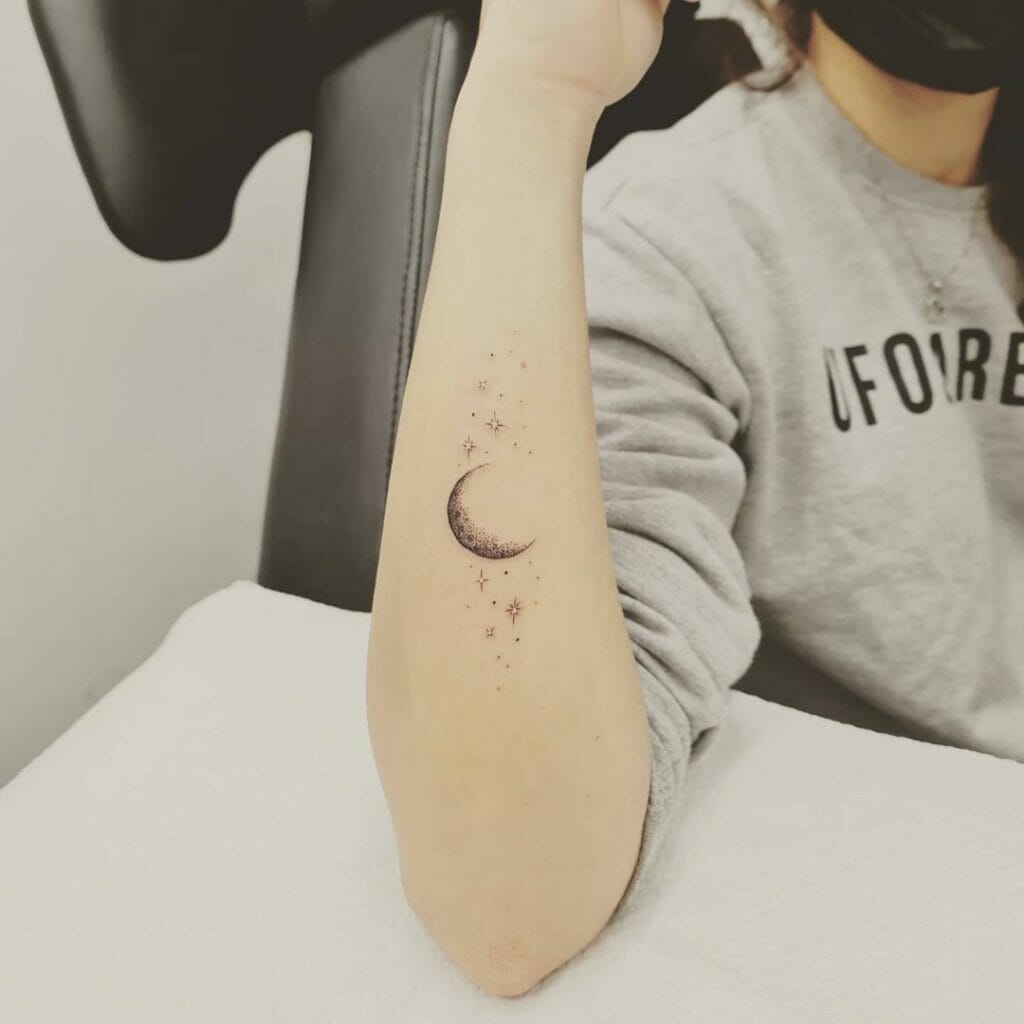 Minimalistic Crescent Moon And Stars Tattoo Design