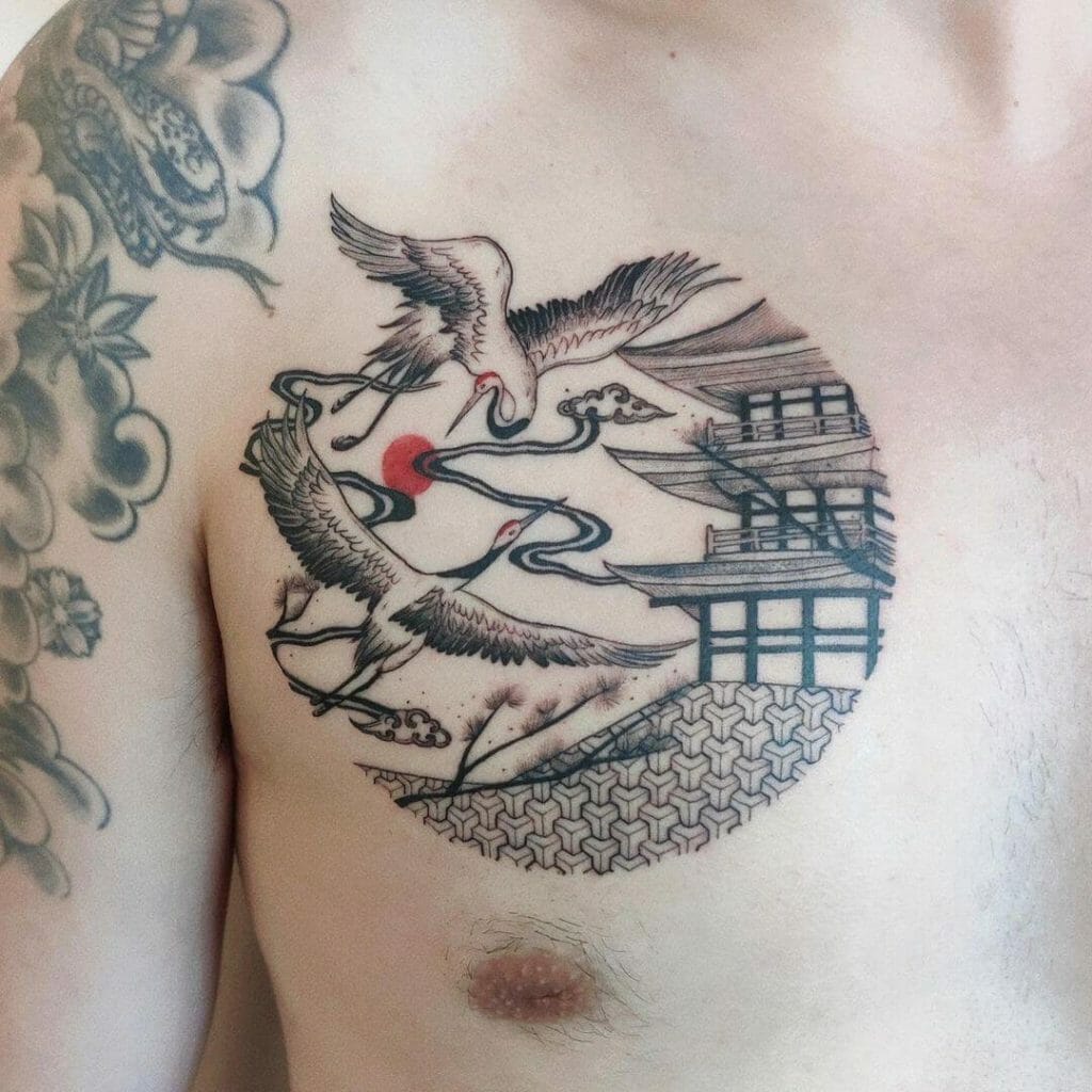 Modern Oriental Temple Tattoo With Cranes