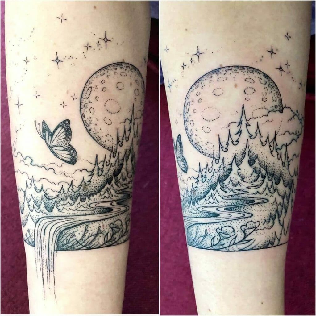 Moon And Waterfall Tattoo Designs