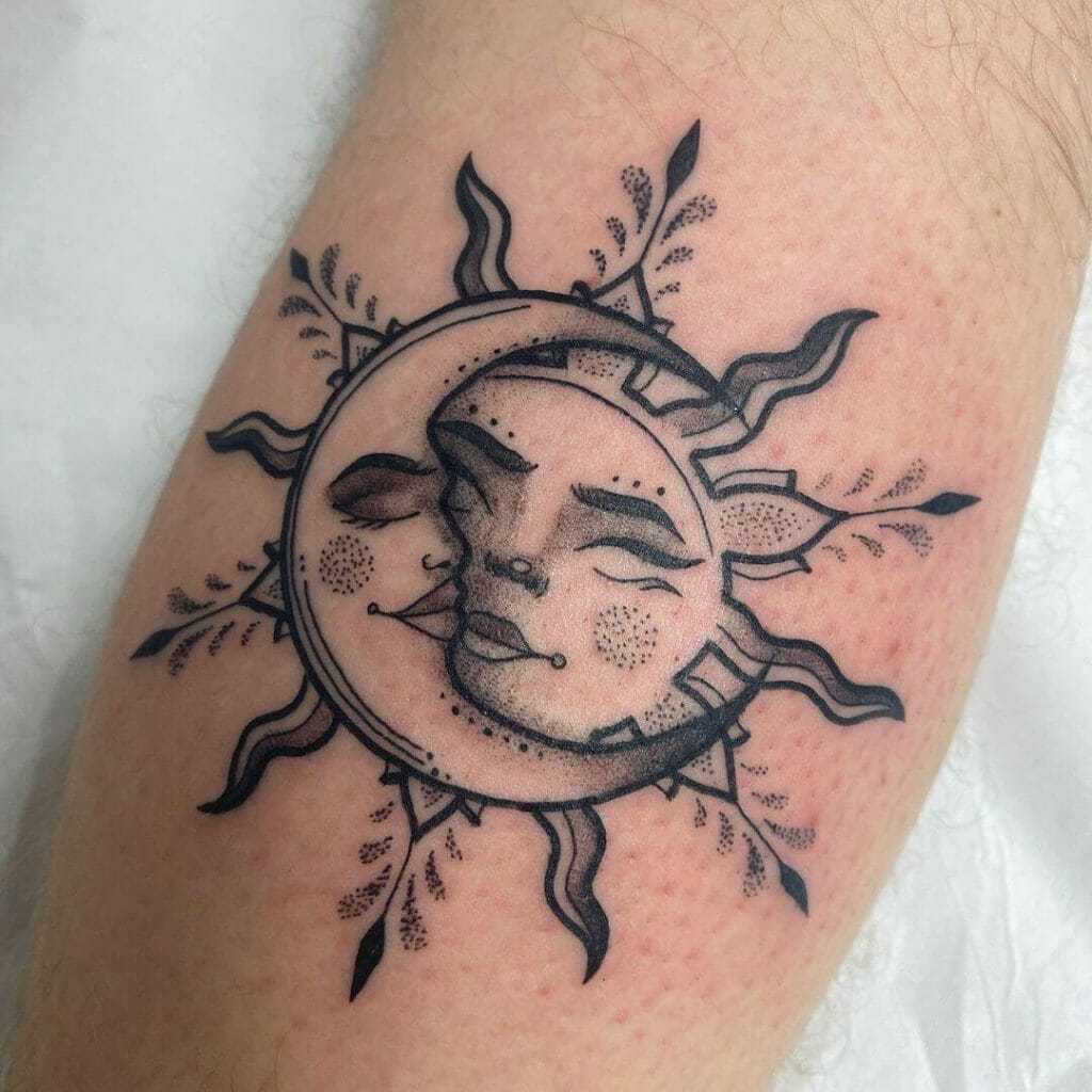 Moon Kissing The Sun Geometric Ornamental Tattoo