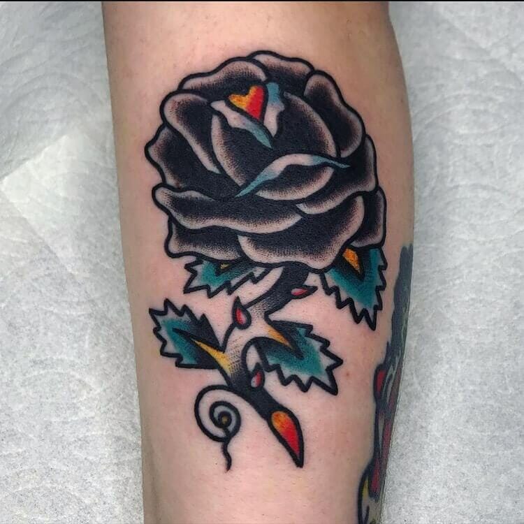 Multicoloured Hand Black Rose Tattoo
