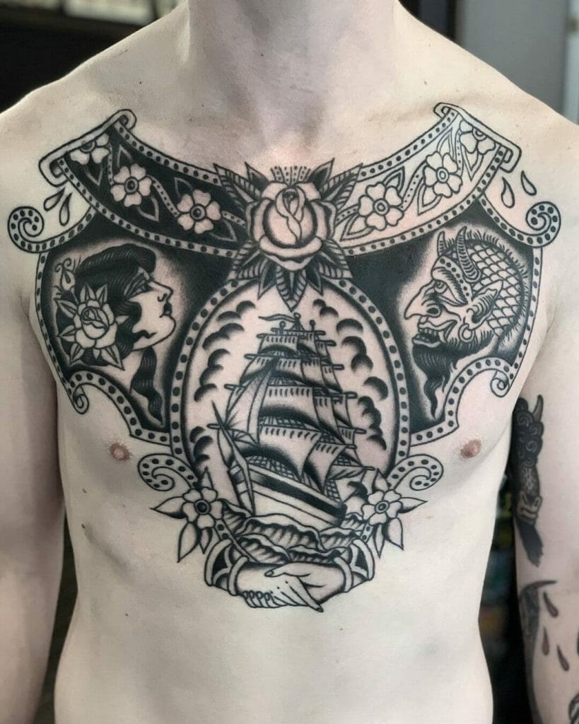 Nautical And Tribal Chest Tattoo