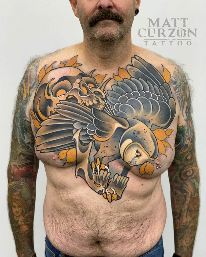 Neo-Traditional Owl Chest Tattoo
