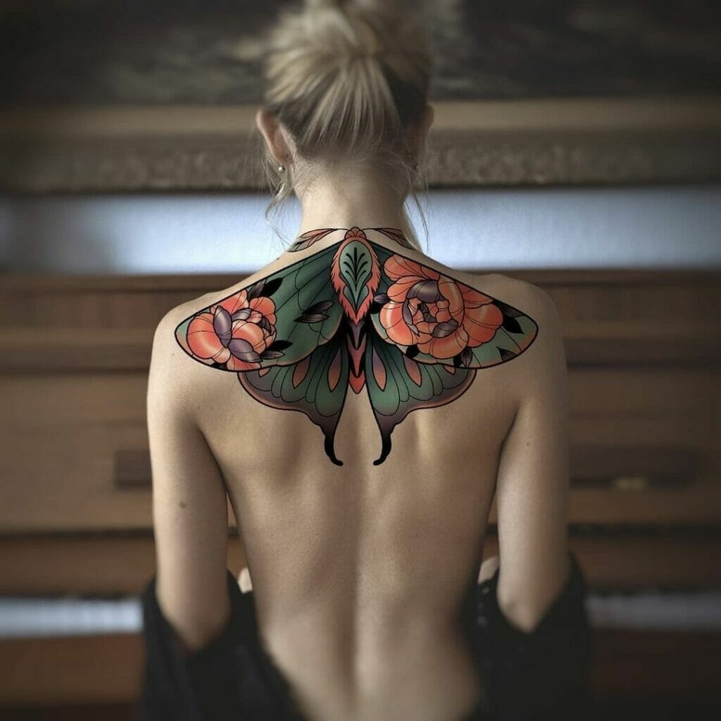 Neo-Traditional Tattoos Of Moth And Butterfly