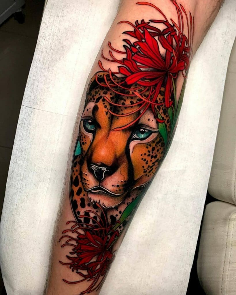Neo-Traditional Tiger And Red Spider Lily Flower Tattoo