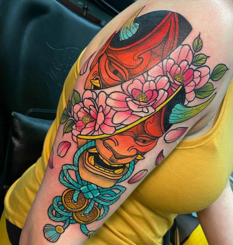 Oni Mask Tattoo With Flowers