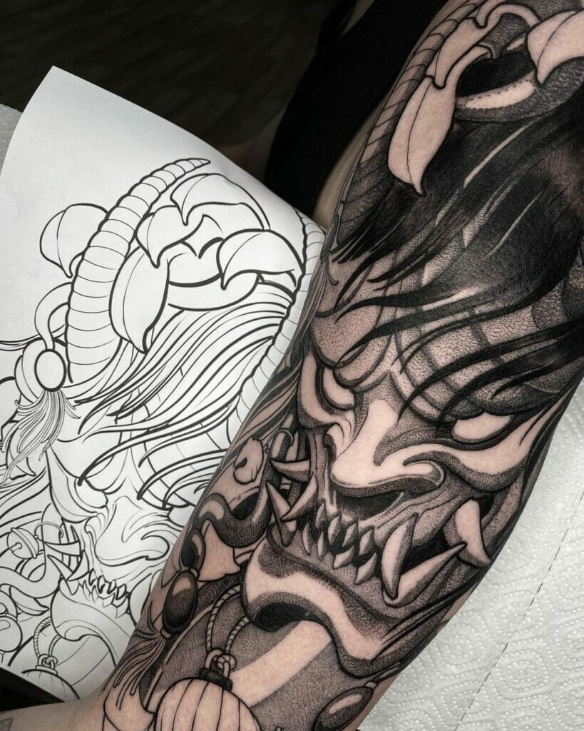 Oni Mask Tattoo With Linework