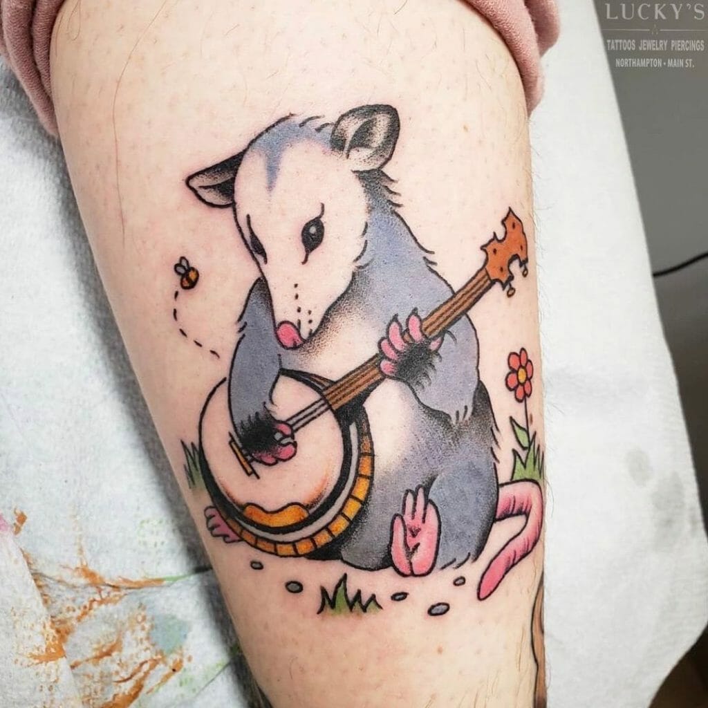 Opossum Playing Banjo Design Tattoo