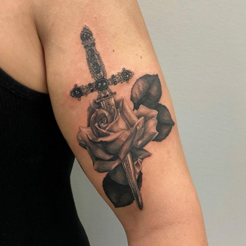 Ornate Rose And Dagger Tattoo