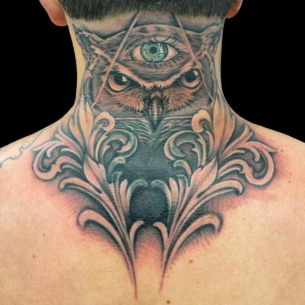 Owl Neck Tattoo With The Third Eye
