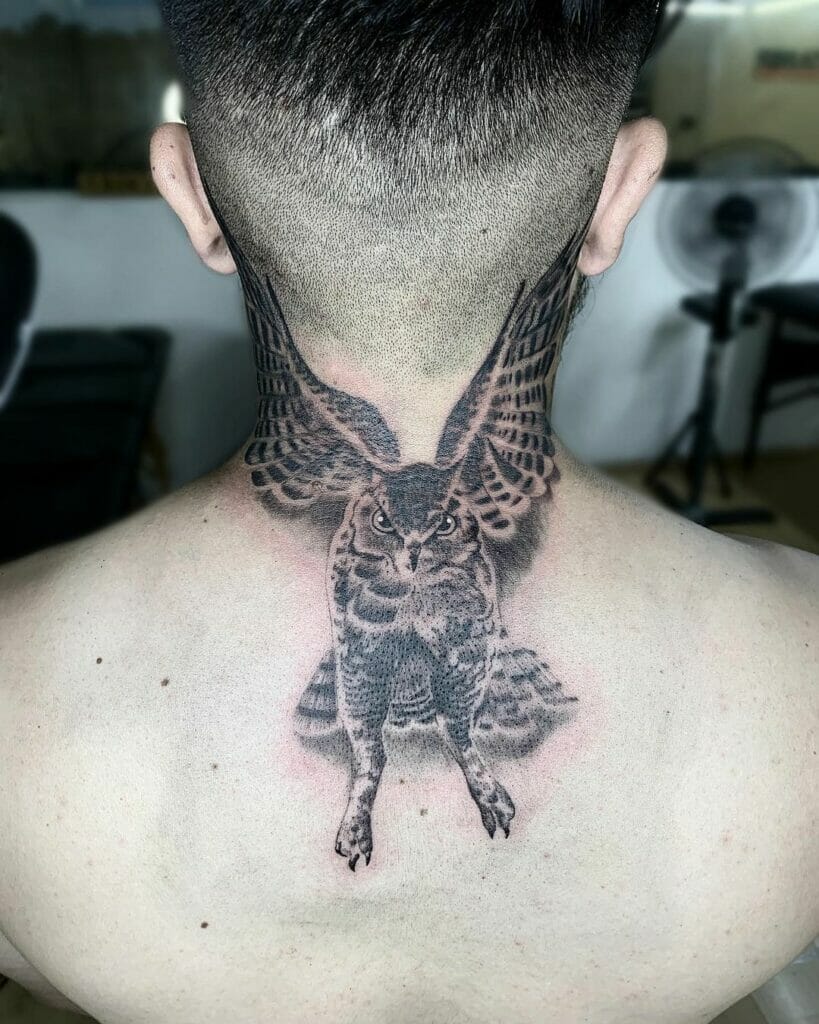 Owl Tattoo On Back Of Neck