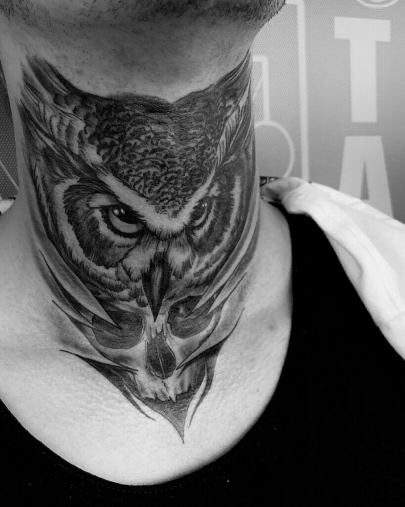 Owl Tattoo On Neck With A Skull