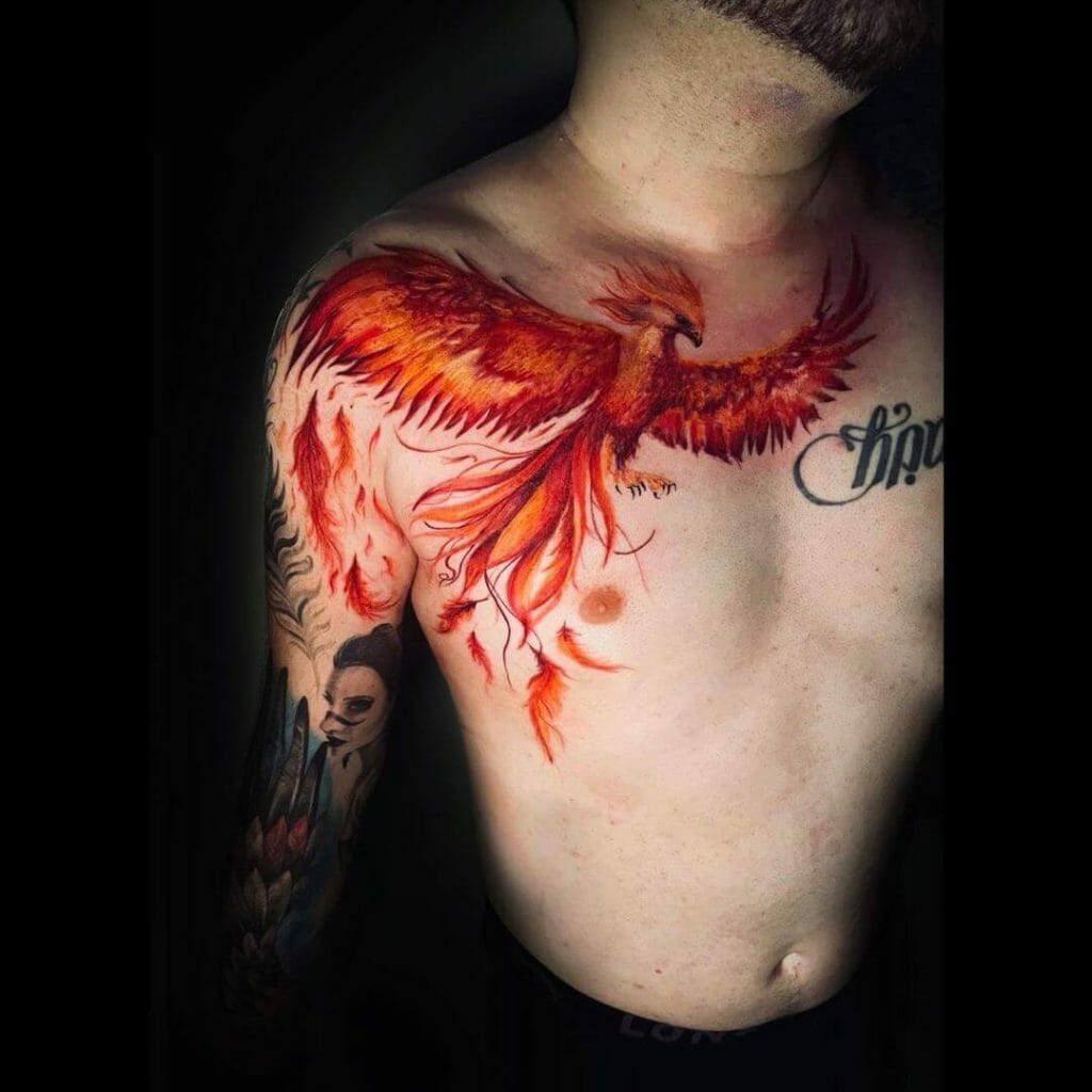 Phoenix Chest Tattoo With Tribal Mix