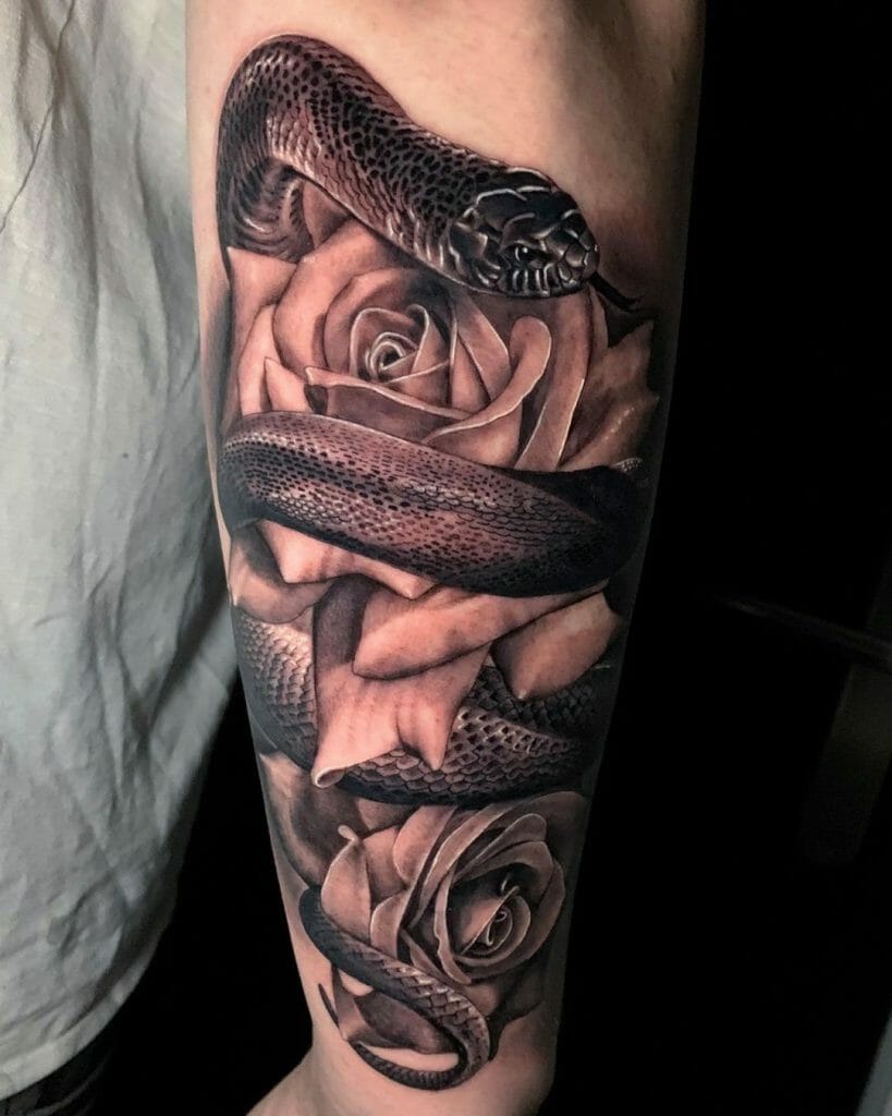 Pink And Black Snake And Rose Tattoo
