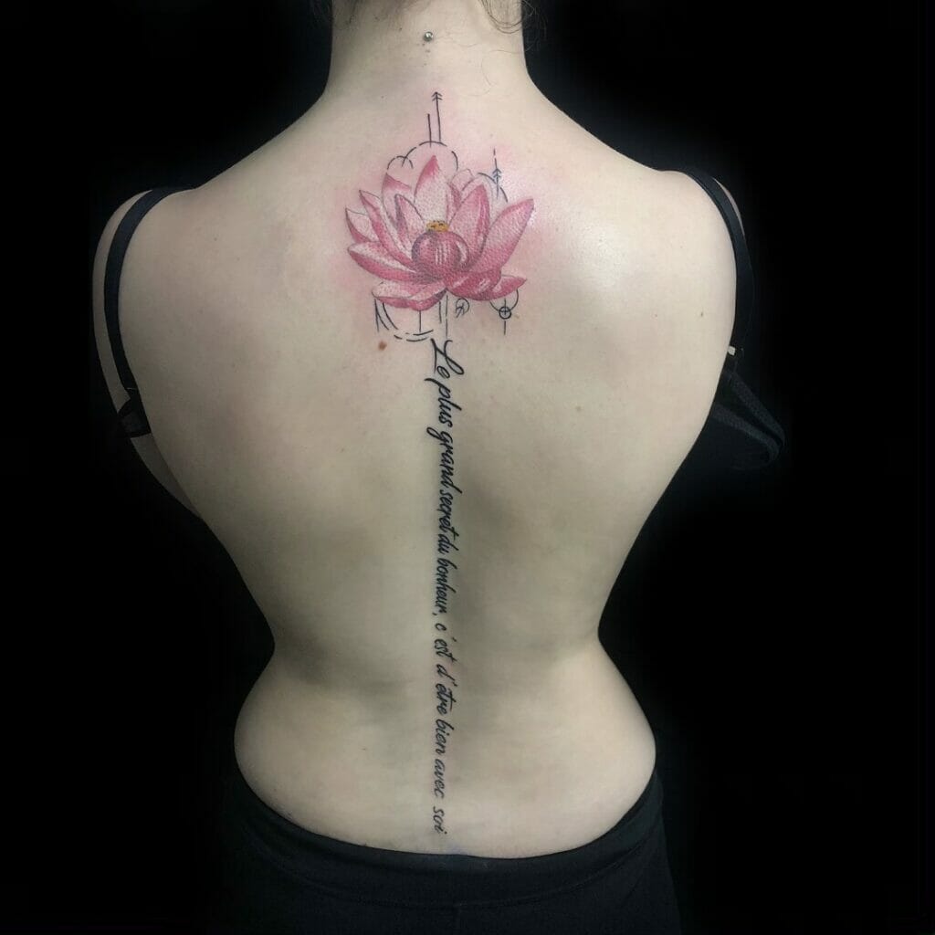 Pink Back Spine Lotus Flower Tattoo