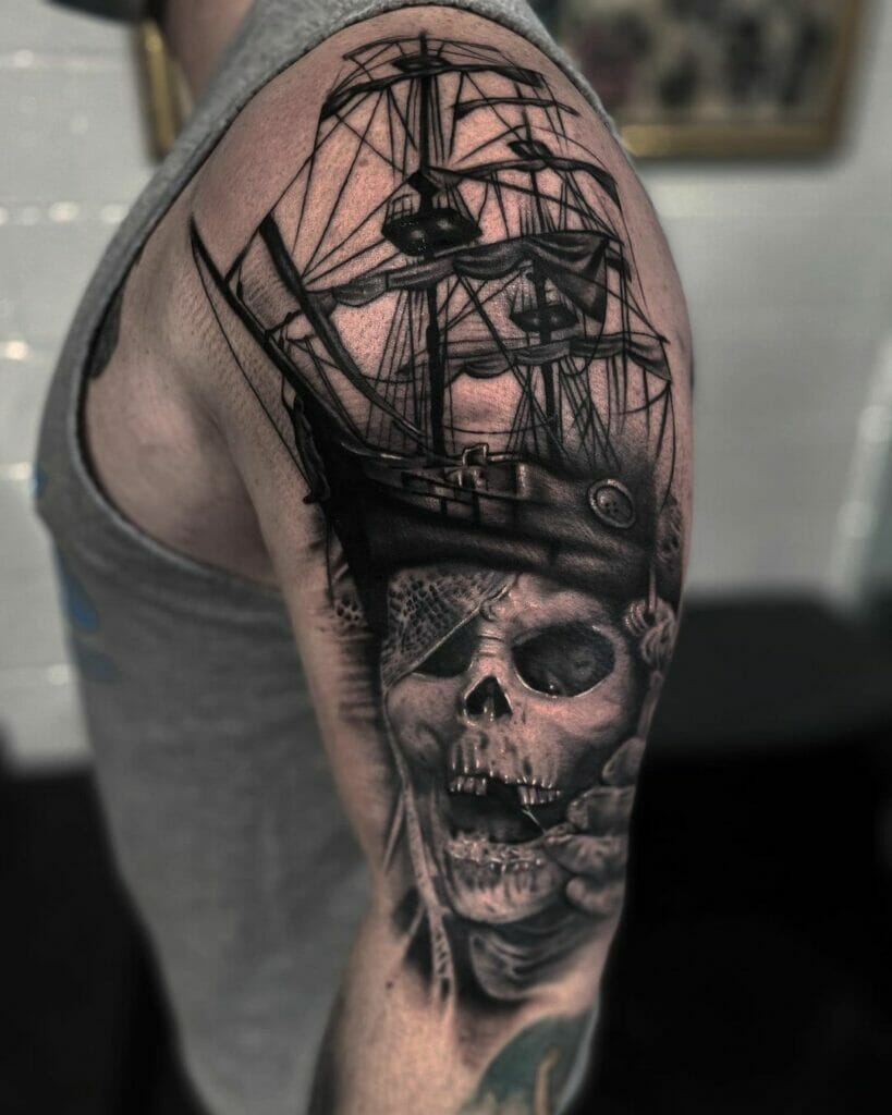 Pirate Skull With Ship Vector Tattoo