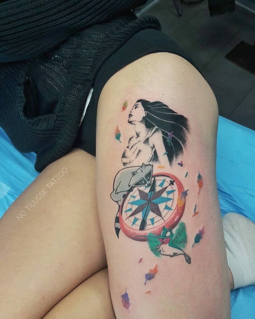 Pocahontas Compass Raccoon And Bird Tattoo