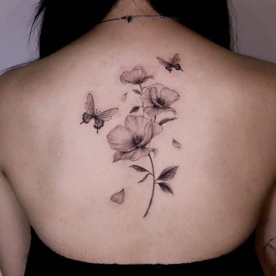 Poppy Flowers and Butterfly Tattoo