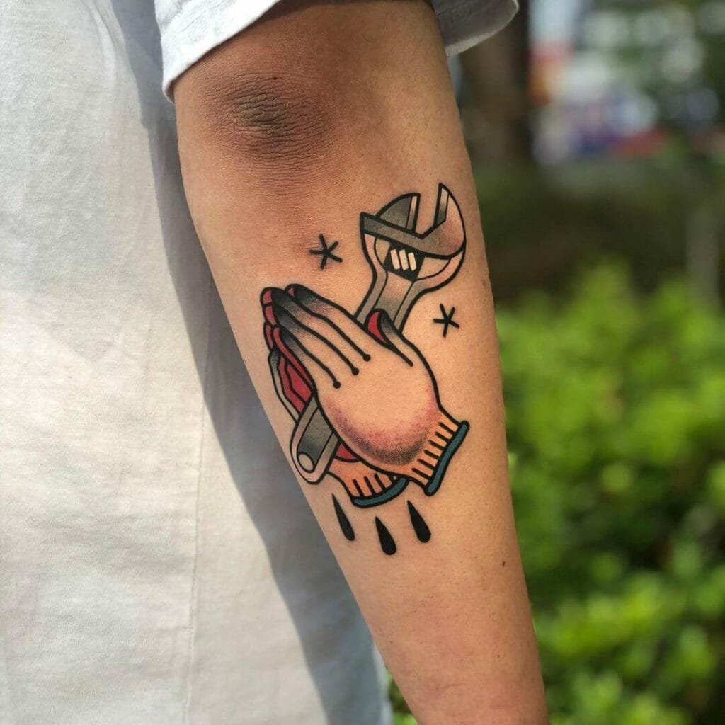 Praying Hands And Wrench Tattoo