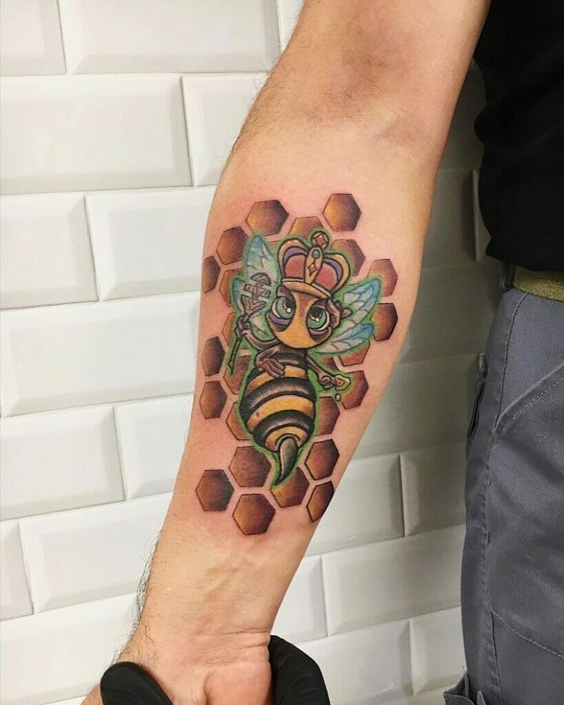 Queen Honey Bee Tattoo In A Honeycomb