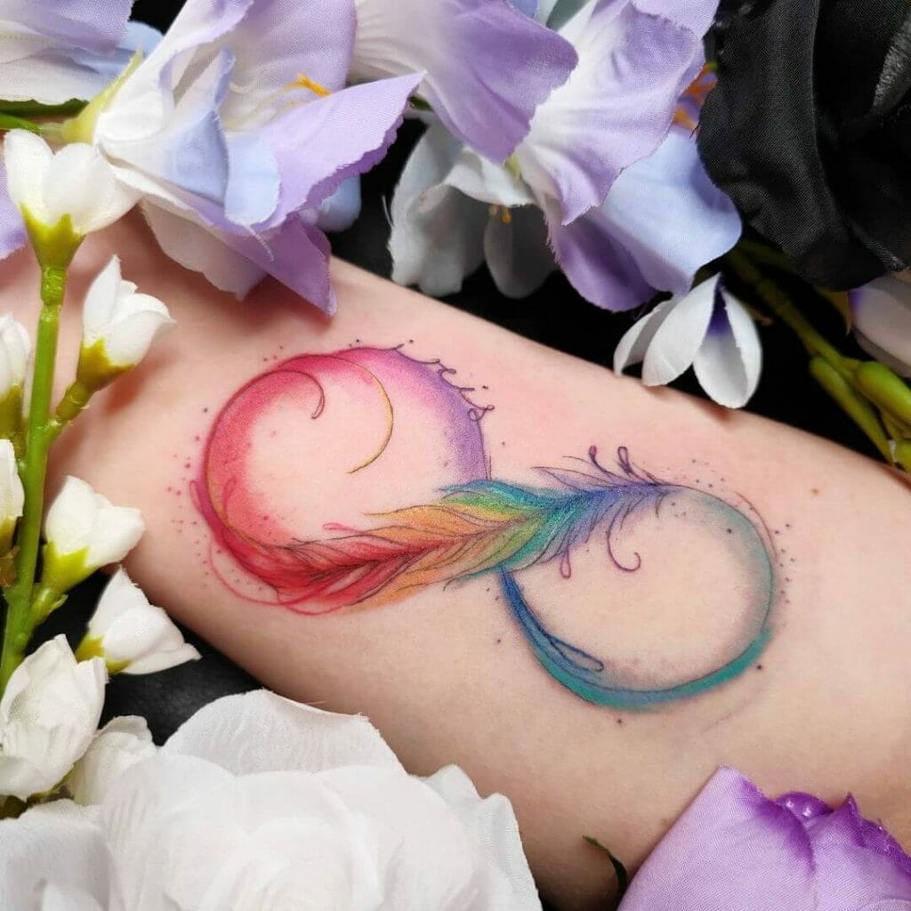 Rainbow Coloured Feather Infinity Tattoo