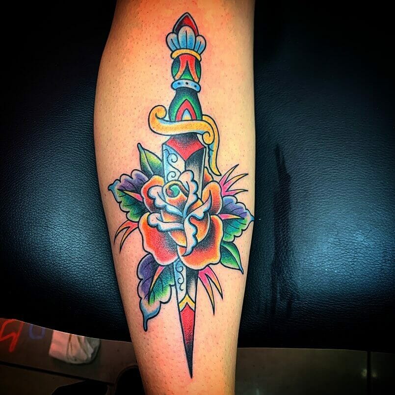 Rainbow Rose And Dagger Tattoo