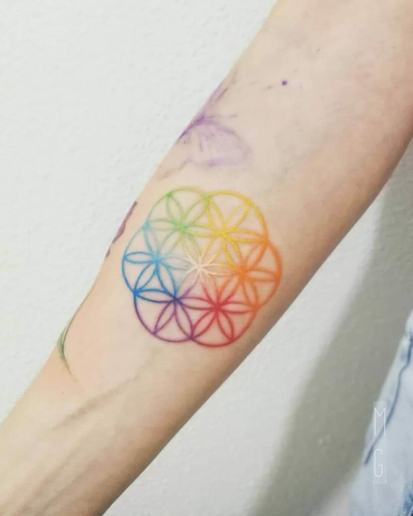 Rainbow-Themed Flower Of Life Floral Tattoo