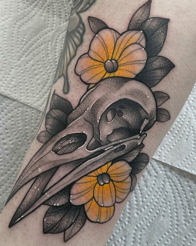 Raven Skull And Flower Tattoo