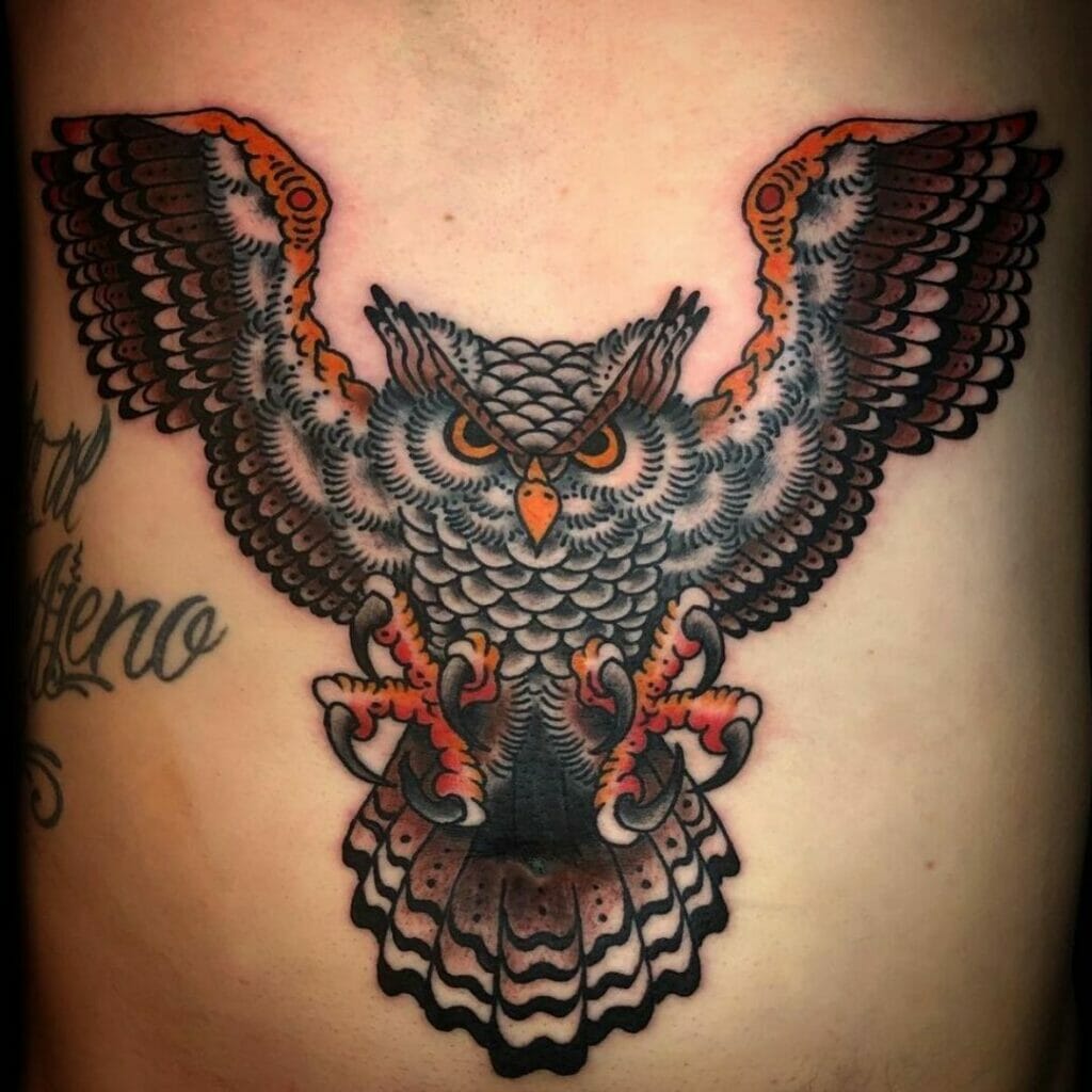 Ready-To-Hunt Wings Outstretched Owl Tattoo