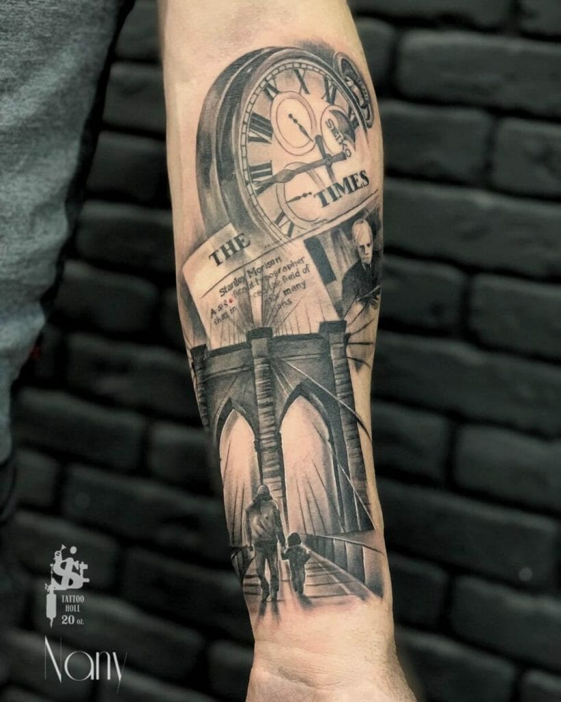 Realistic Bridge And Clock In Black And Grey