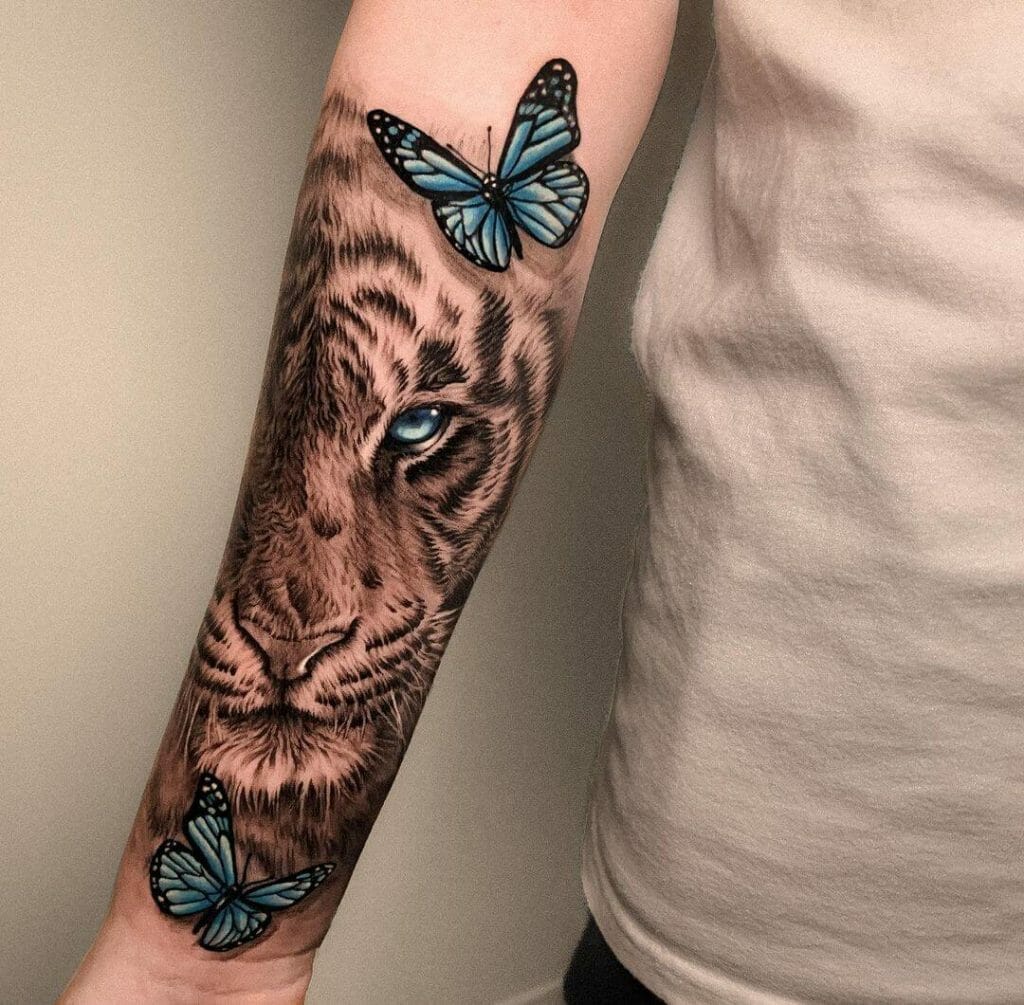 Realistic Tiger And Blue Butterflies Tattoo On Wrist