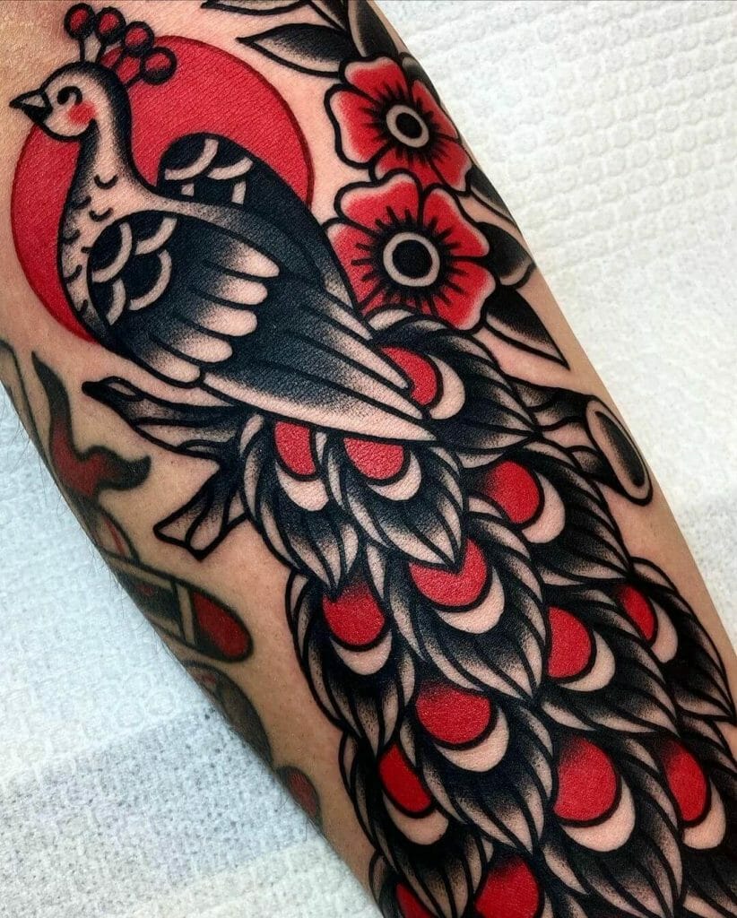 Red And Black Peacock Feather Tattoo