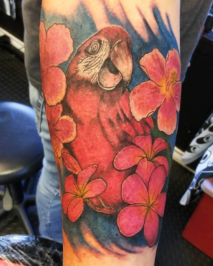 Red Macaw With Hibiscus Tattoo