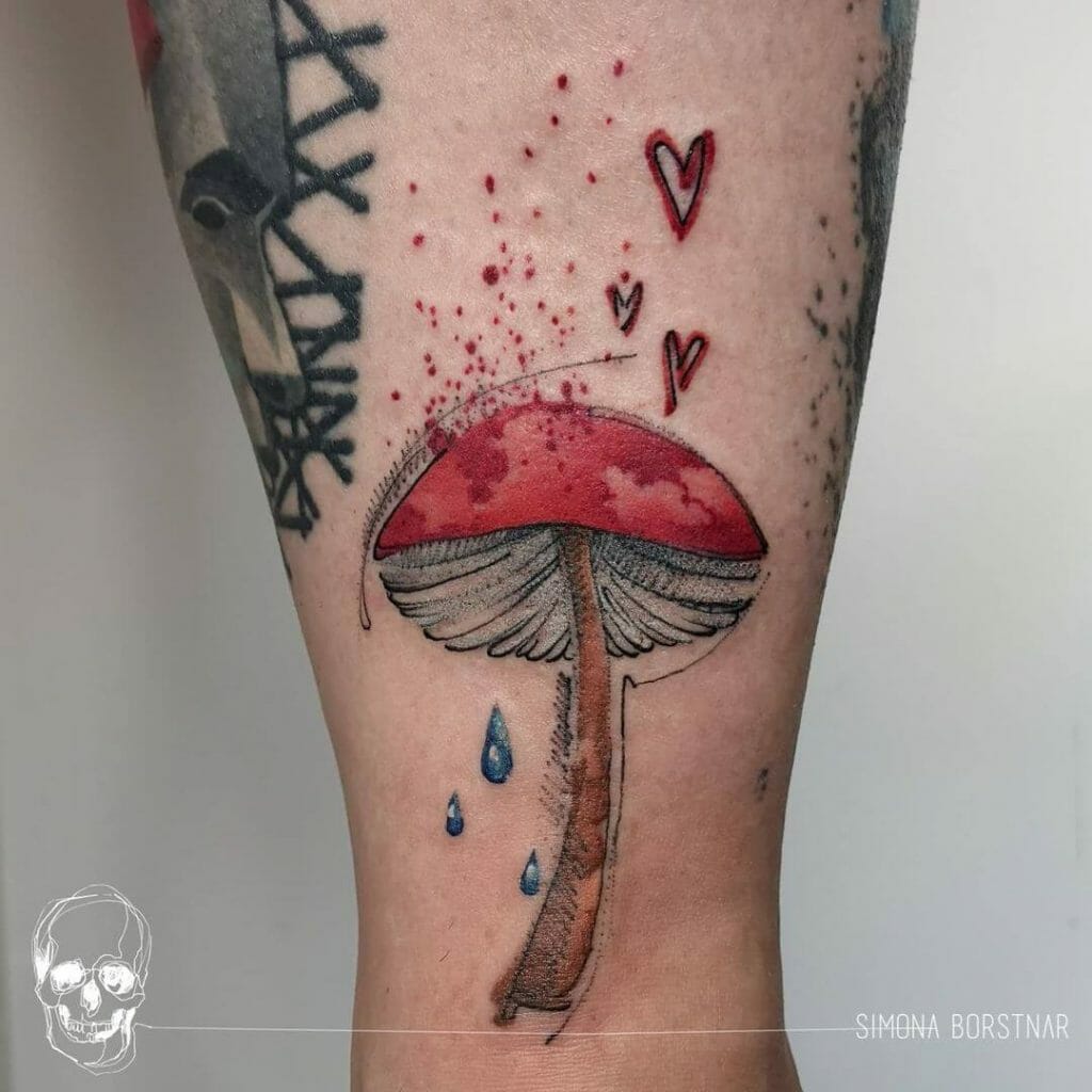 Red Mushroom Watercolor Tattoos