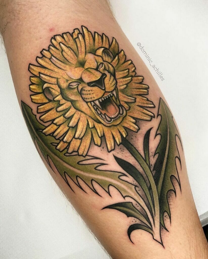 Roaring Lion As A Marigold Tattoo