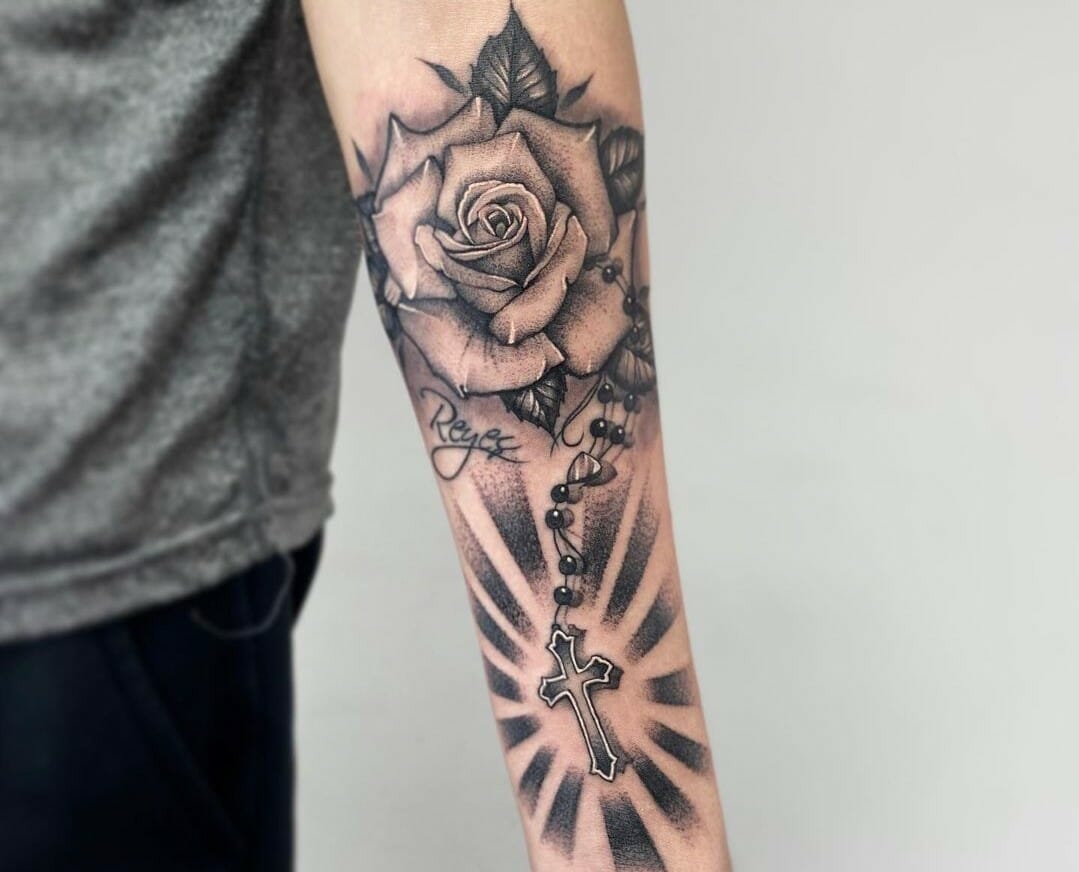 Black Rose And Rosary Tattoo On Half Sleeve