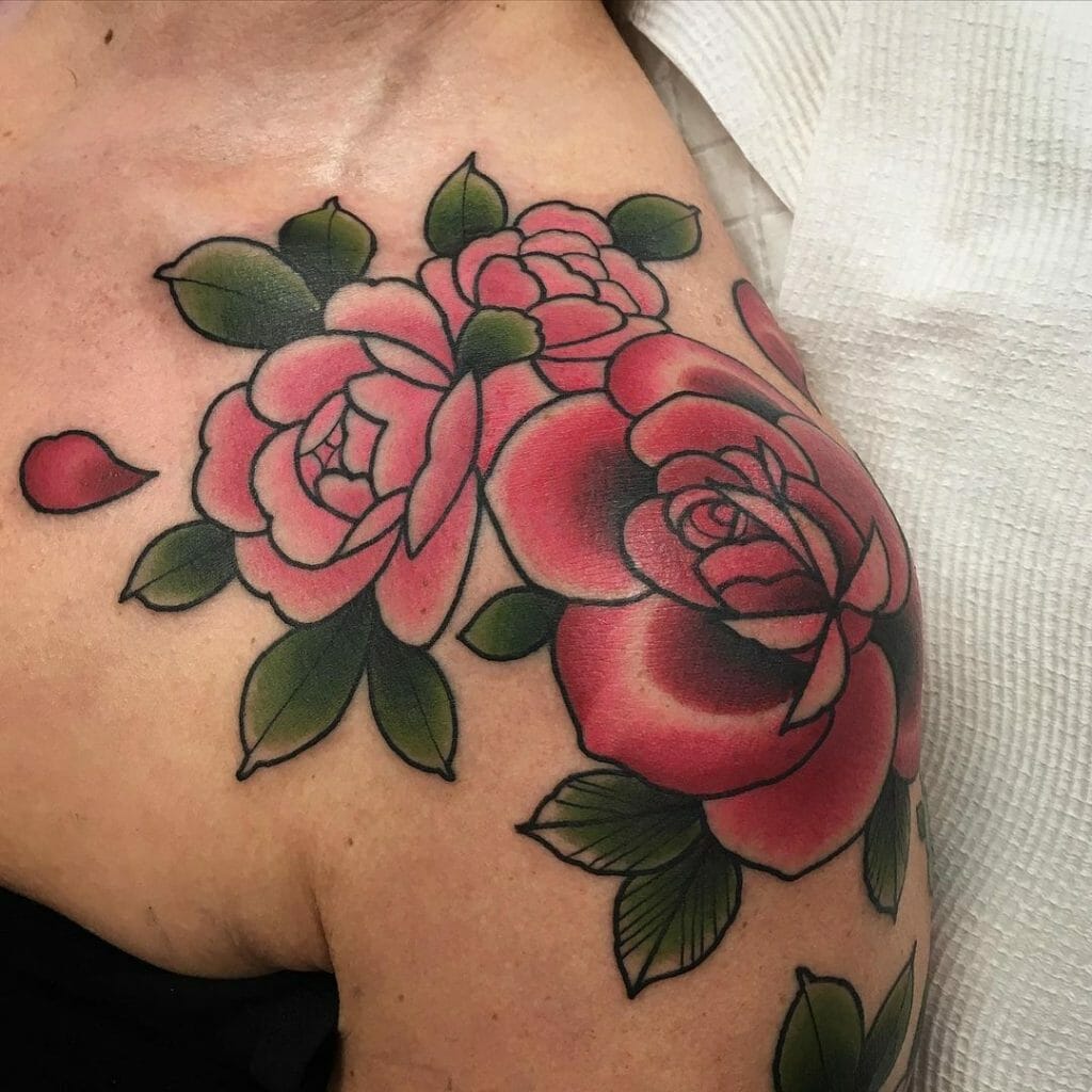 Rose And Camellia Shoulder Cap Tattoo