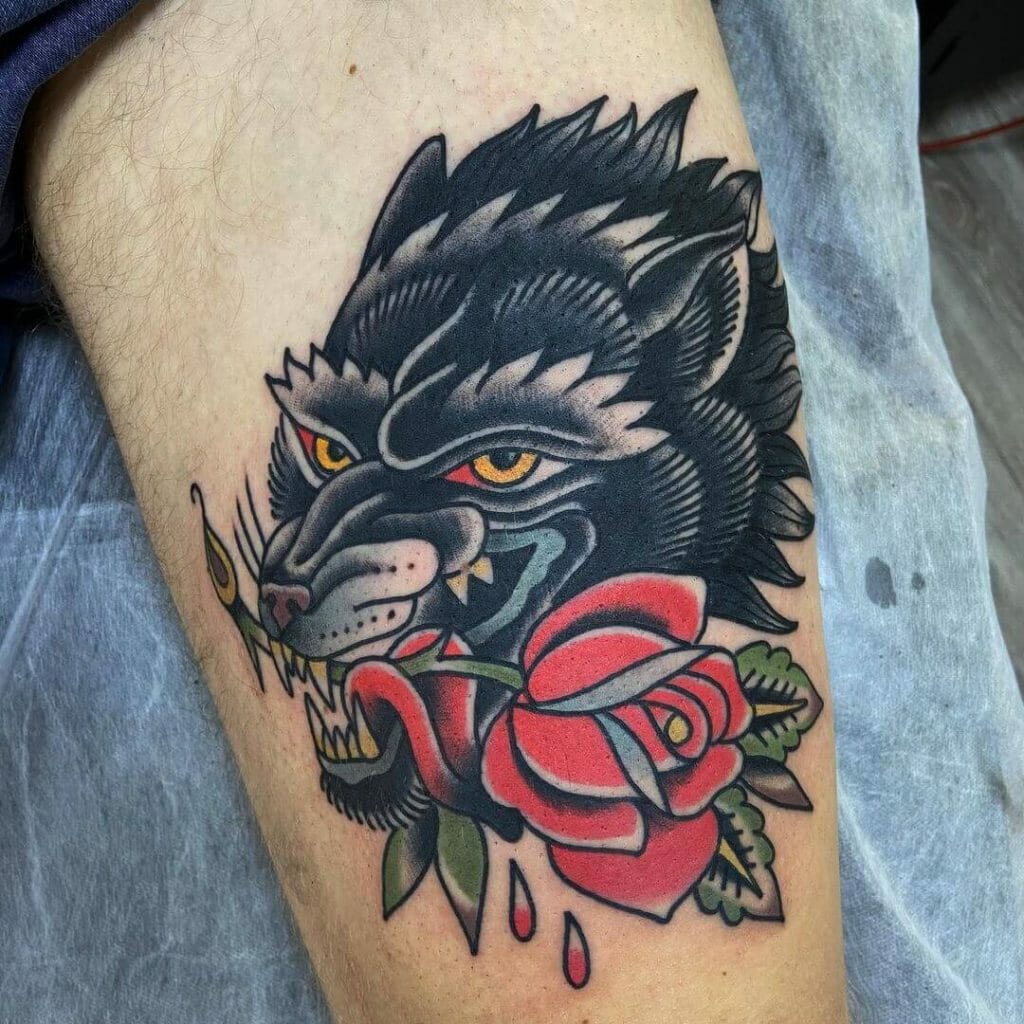 Rose And Wolf Head Tattoo