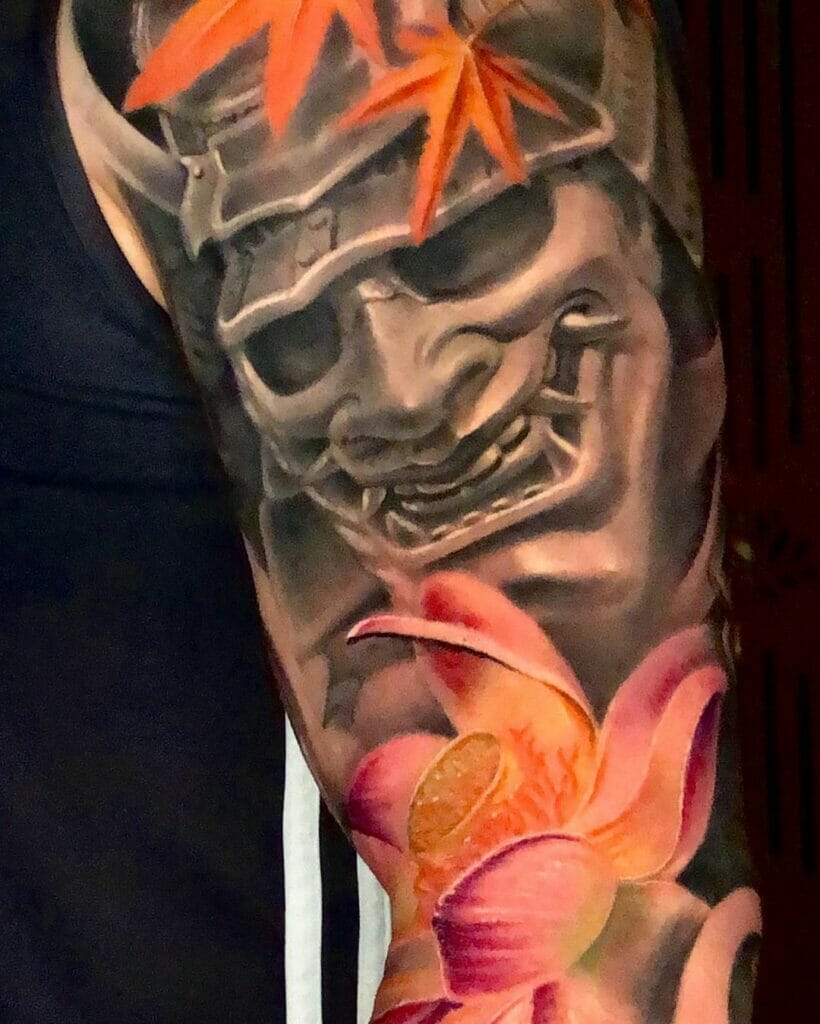 Samurai Mask And Lotus Flower Tattoo