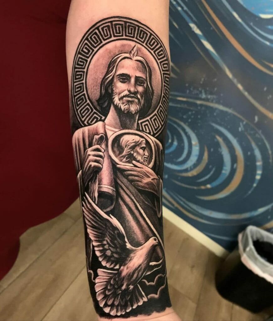 San Judas Tattoo On Forearm