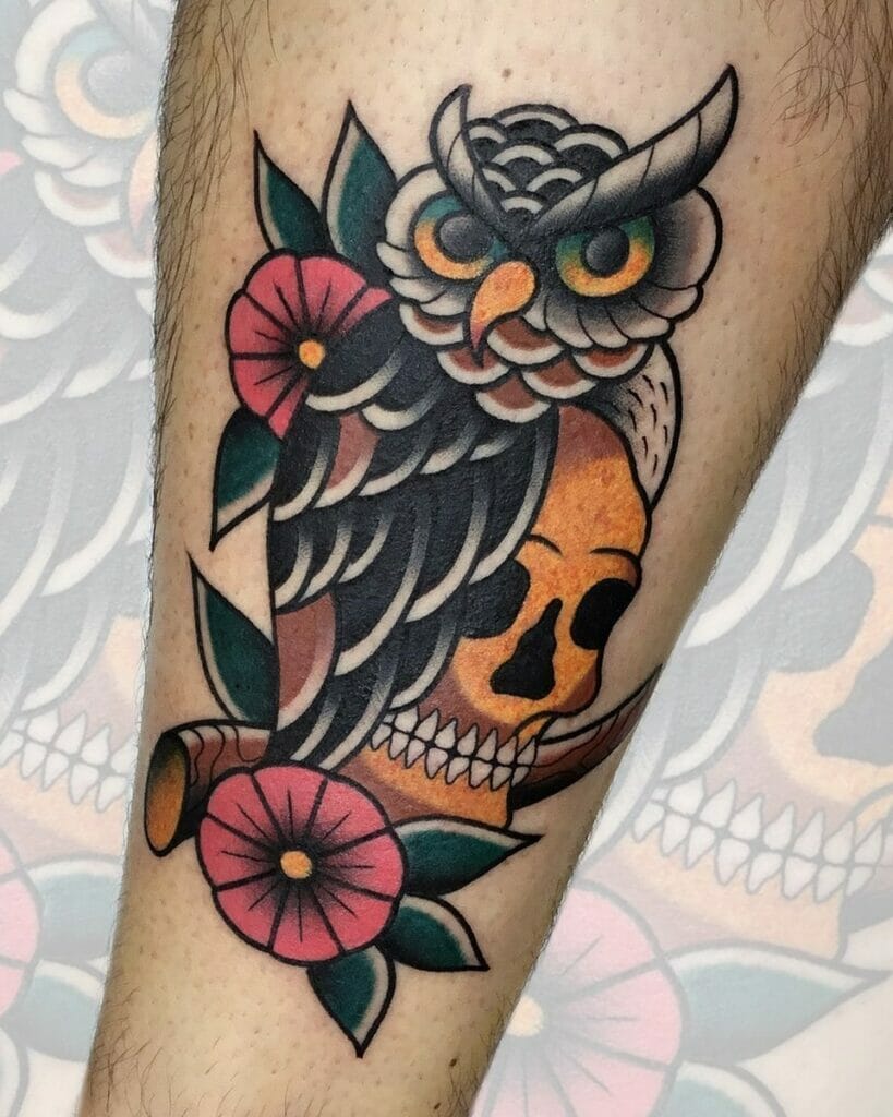 Scary Owl And Skull Tattoo