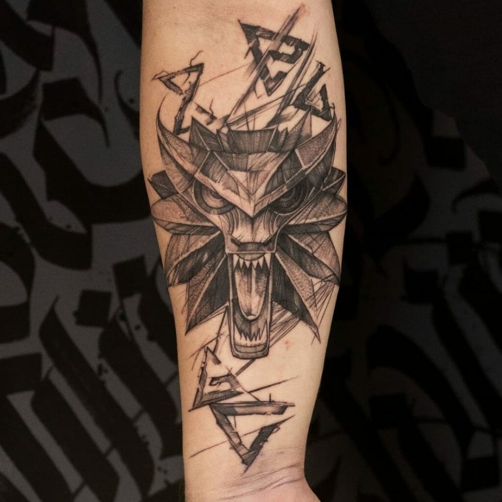 Shaded Witcher Wolf Medallion Tattoo Design