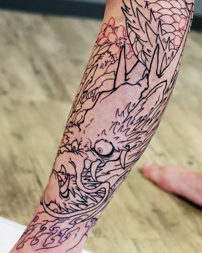 Shin & Calf Dragon Tattoo Using Black Outlining